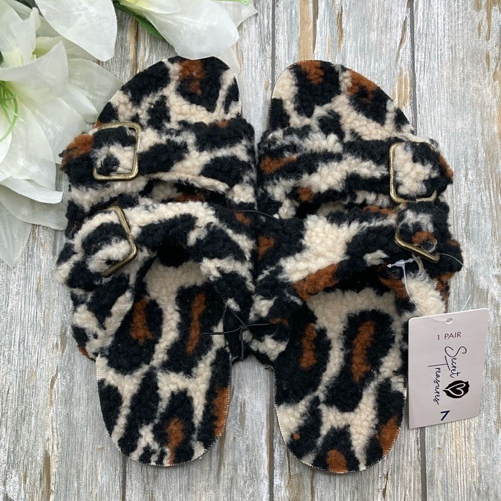 Fuzzy Leopard 2 Band Luxe Step In Comfy Indoor Outdoor Sandals Slippers Shoes 7